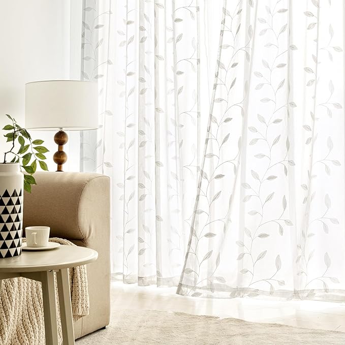 MIULEE White Sheer Curtains 2 Panels Embroidered Leaf Patterned Rod Pocket Floral Semi Sheer Faux Linen Window Curtains Drapes Set for Living Room Bedroom Dining Room, 52x63 Inches Length