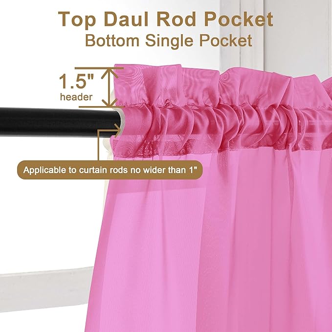 Chyhomenyc Sheer Hot Pink Curtains 90 inches Long 2 Panels, Light Filtering Soft Airy Solid Elegant Voile Window Treatment Drapes for Bedroom Living Room, 42Wx90L Inches