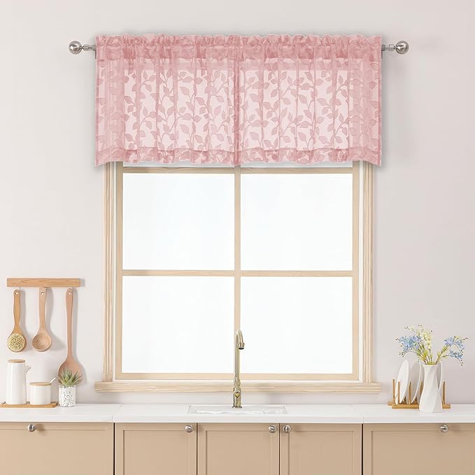 Chyhomenyc Blush Pink Sheer Valances for Windows 18 Inch Length 2 Pcs, Light Filtering Leaf Textured Cafe Short Kitchen Curtains, Top Small Curtain for Living Room Bedroom Basement, 42" W x 18" L