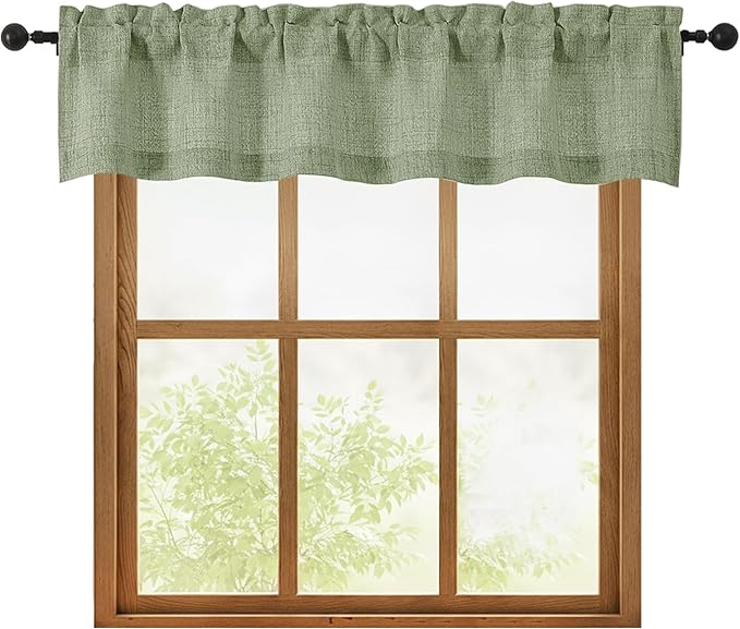 OWENIE Sage Green Valances for Windows 1 Pcs, Light Filtering Textured Farmhouse Short Small Valance Curtains for Bathroom Basement Living Room, Rod Pocket Half Curtains for Windows, 60Wx12L Inch