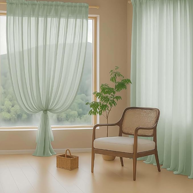 Extra Wide Sage Green Sheer Curtains for Window 96 Inches Long 2 Panels, Elegant Light Filtering Voile Sheer Curtains for Sliding Glass Door, Dual Rod Pocket Window Drapes, 2x59Wx96L Inches