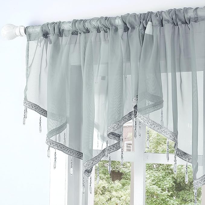 Molaxhome Swag Curtain 51 inch Length Rod Pocket Scalloped Curtain Valance Sheer Lace Panels with Hanging Crystal Beads for Kitchen Bedroom Window Treatments Drape Decor 1pc (Grey, 51Wx23L)