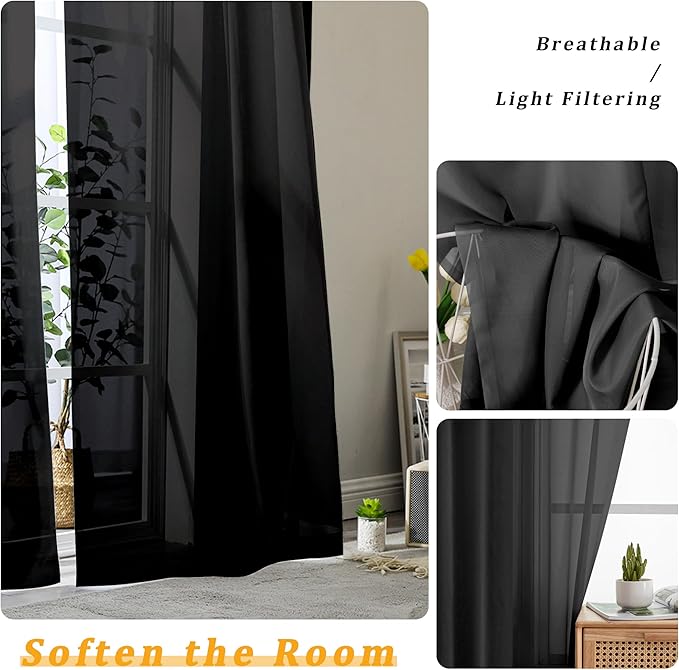 Gwine Black Sheer Kitchen Curtains 36 Inch Length, Light Filtering Voile Soft Airy Small Cafe Curtains, Short Window Curtain for Bathroom Basement, 42x36 inch, 2PCS