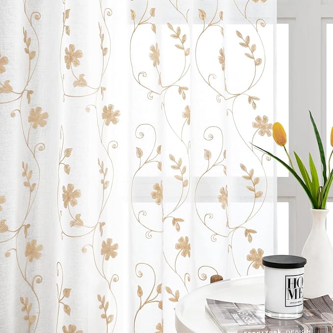 HOMEIDEAS Yellow Sheer Curtains 63 Inch Length 2 Panels Yellow and White Embroidered Floral Pattern Semi Sheer Window Curtains for Bedroom Living Room
