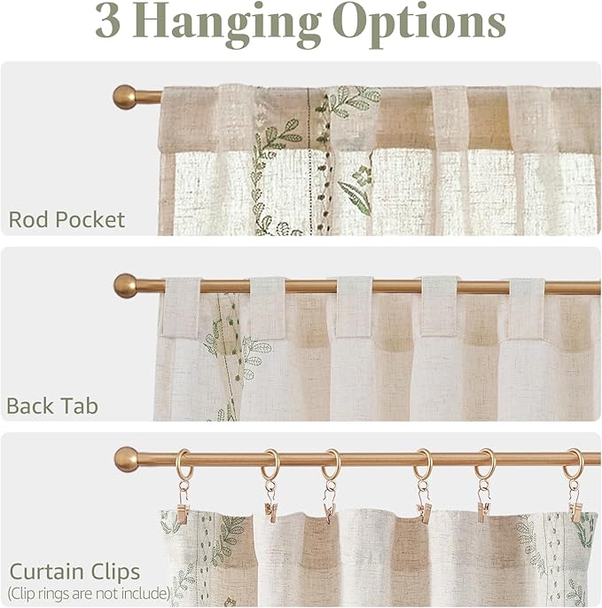 jinchan Belrose Linen Floral Cafe Curtains 45 Inch Length Embroidered Farmhouse Curtains for Kitchen Bedroom Bathroom Small Windows Curtain Set Light Filtering 2 Panels Sage Green