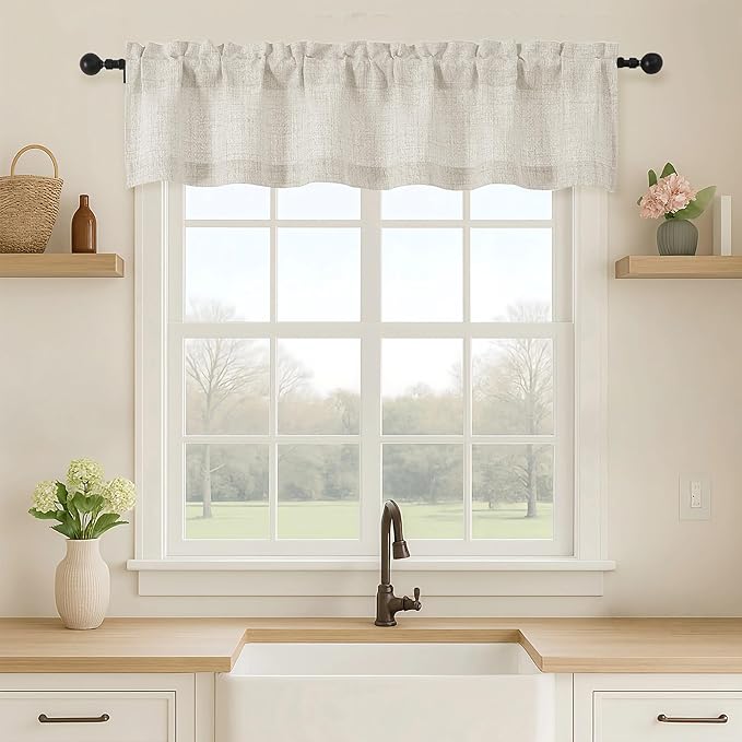 OVZME Natural Valance for Windows, Light Filtering Faux Linen Textured Small Short Valance Kitchen Curtain, Dual Rod Pocket Top Short Window Curtain for Bathroom Basement Farmhouse, 1 Piece, 52Wx12L