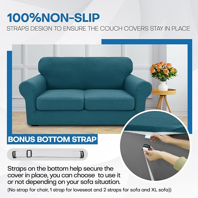 XINEAGE New 4 Pieces Extra Large Couch Covers for 3 Cushion Sofa Super Stretch Sofa Cover for 3 Large Seat Cushion Universal Slip Cover for Living Room (Peacock Blue), 91"-110"(3 Cushions)