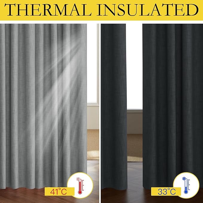 NICETOWN 100% Absolutely Blackout Linen Curtains with Thermal Insulated White Liner, Dove Grey, 52" W x 63" L, Set of 2, Burlap Textured Textured Linen Look Privacy Window Treatment for Kitchen