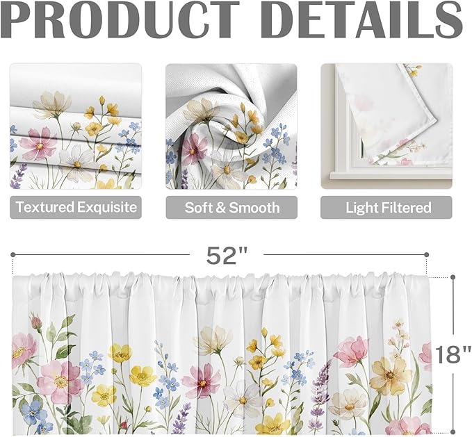 Emvency 4 Pack Valances Window Treatments, Spring Wildflower Flower Blackout Adjustable for Living Room Bathroom Bedroom Kitchen Over Sink, 52x18 Inch Rod Pocket Valances