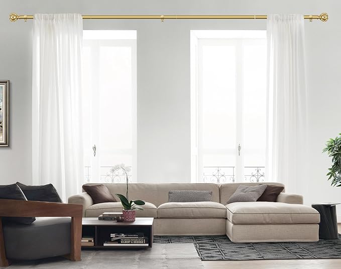 KAMANINA Curtain Rods for Windows 66 to 120 Inch, 7/8 Inch Gold Heavy Duty Curtain Rod 32 to 120 (2.6-10ft), Adjustable Decorative Drapery Rods with Netted Texture End