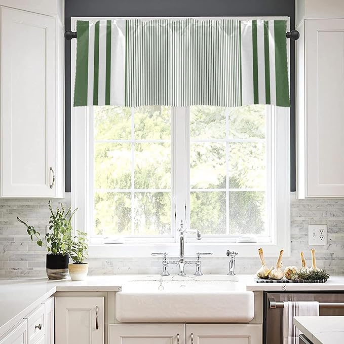 Emvency 2 Pack Valances Window Treatments, Striped Modern Green Farmhouse Minimalist Drapes Adjustable Curtain for Windows Living Room Kitchen Over Sink, 52x18 Inch Rod Pocket Valances