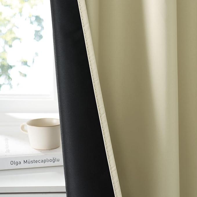 RYB HOME 100% Blackout Bathroom Curtains Over Sink 24 inches Long, Heat & UV Blocking Total Room Darkening Noise Reducing Curtains for Basement RV Campers, Beige, 2 Panels Set