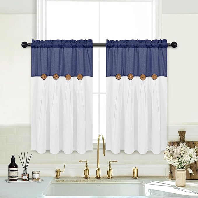 FRAMICS Boho Kitchen Curtains, 36 Inch Length, Farmhouse Cotton Linen Tier Curtains, Navy Blue, 26x36