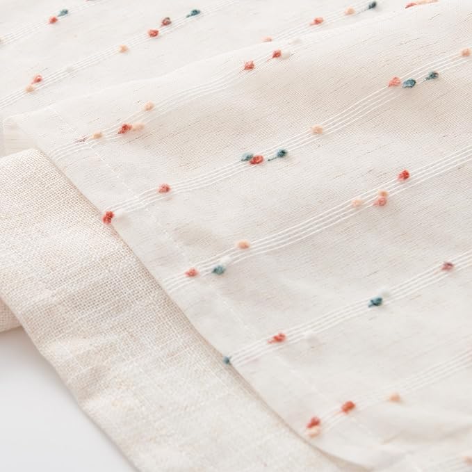 jinchan Kitchen Valance Curtain for Windows 16 Inch Mini Pom-Pom Double Layer Valance Linen Blend Country Window Treatment for Bedroom Living Room Light Filtering Rod Pocket 1 Panel Blush Meadow