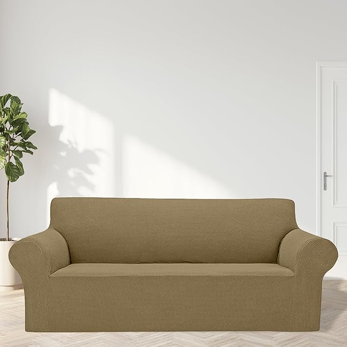 Cupuamon 2026 New Stretch Oversized Sofa Slipcovers Couch Sofa Cover for 4 Seater Furniture Protector Covers with Elastic Bottom Jacquard Fabric Small Checks for Pets, Kids - Tan