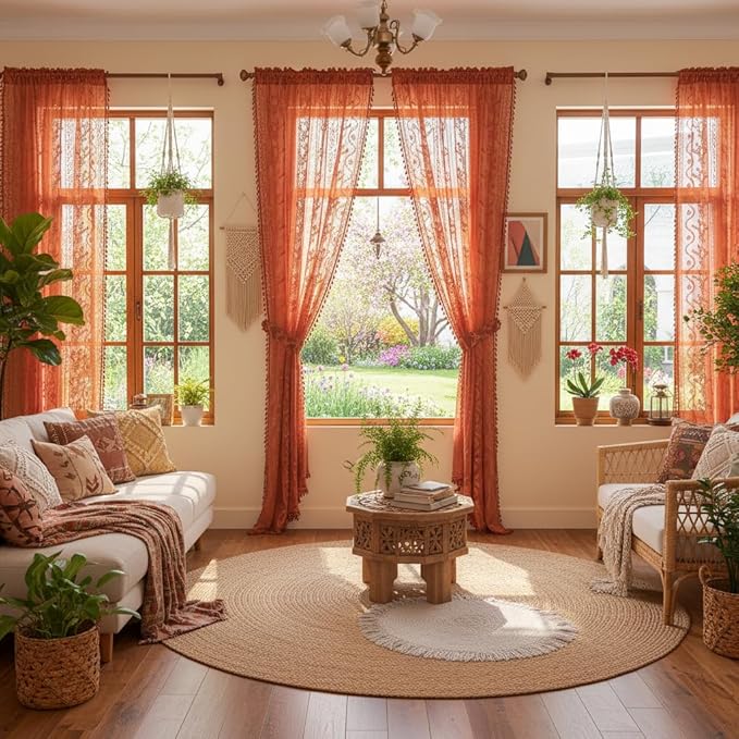WAZZIO Boho Lace Curtains 96 Inch 2 Panels-Vintage Sheer Panel Drape Floral Pattern & Tassel Light Filtering Privacy for Bedroom Dining Living Room,Cottage Earthy Full Decor Terracotta,W52 x 96L