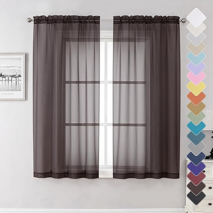Lecloud Sheer Curtains 63 Inch Length 2 Panels Set, Chocolate Window Curtains for Bedroom, Voile Solid Light Filtering Living Room Curtain Drapes with Rod Pocket, Each Panel 42 X 63 Inch