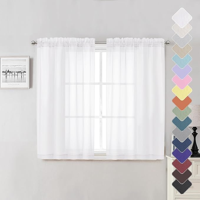 Lecloud White Sheer Curtains 45 Inch Long 2 Panels, Short Voile Drapes for Dinning Small Windows, Light Filtering Voile Curtain for Living Room Bedroom Bathroom, Dual Rod Pocket, 40" Wx45 L
