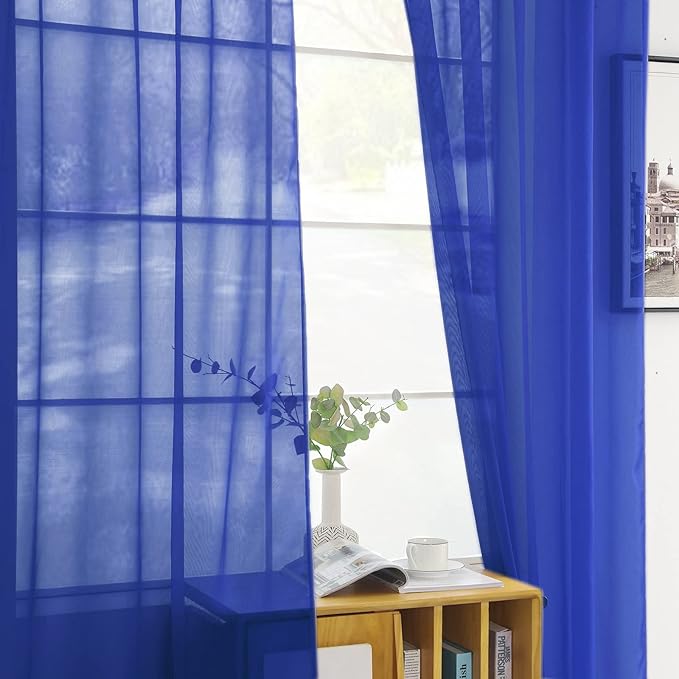 youleyar Solid Sheer Rod Pocket Curtain Voile Draperies 2 Panels White Beige Black Grey Coffee 52 Inch Width 108 Inch Long 1 Pair for Kitchen Bedroom Children Living Room Yard (Sapphire,52Wｘ108L)