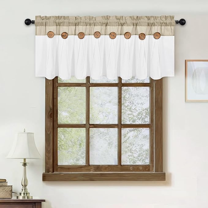 FRAMICS Farmhouse Valance Curtains, Boho Cotton Linen Kitchen Valance, Rustic Button Window Valances for Kitchen, Country Rod Pocket Valances for Windows Bathroom, Linen and White, 52 x 18 Inch