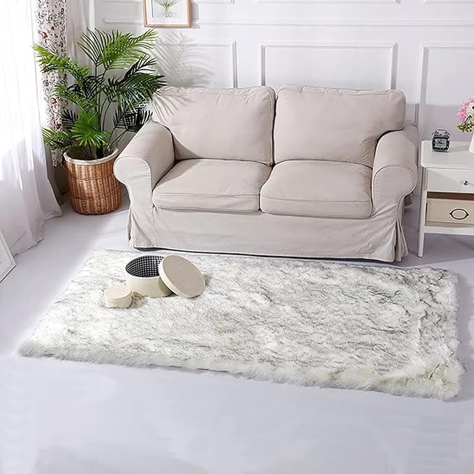 Latepis Faux Fur White with Grey Tips 2x8 Runner Rug for Hallway Fluffy Rugs Furry Shag Washable Rug for Living Room Hallway Rugs Rectangle