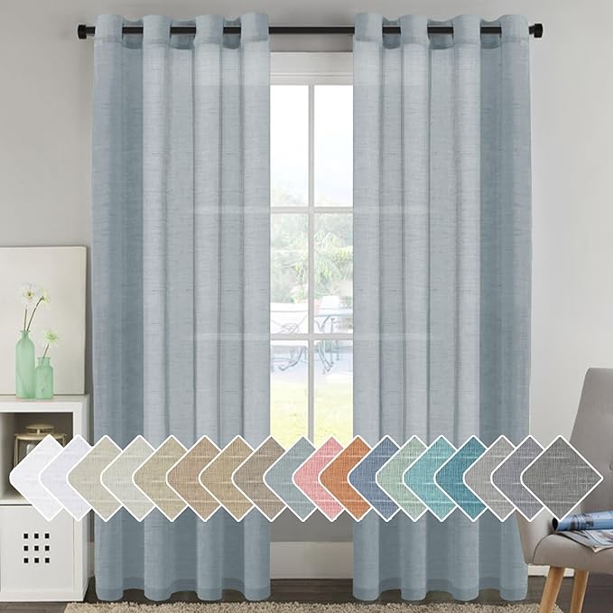H.VERSAILTEX Linen Semi Sheer Curtains 96 inches Long Pair Set Linen Textured Sheer Curtains Nickel Grommet Window Treatment Panels for Villa/Hall/Parlor, Open Weave - 52" W x 96" L - Teal