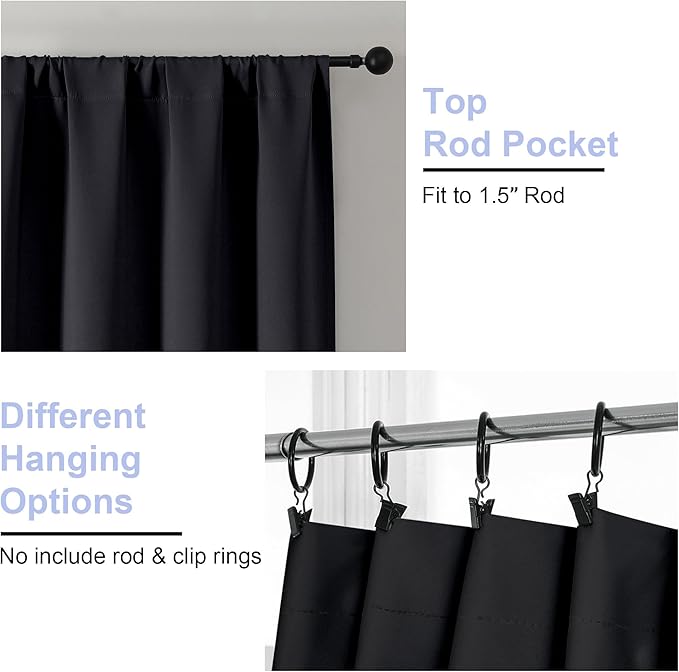 Simplebrand Ava Black Blackout Curtains for Bedroom, 78 Inch Length, 2 Panels Set, Privacy Thermal Insulated Rod Pocket Window Curtains for Patio, French Door, W40 x L78 Inch