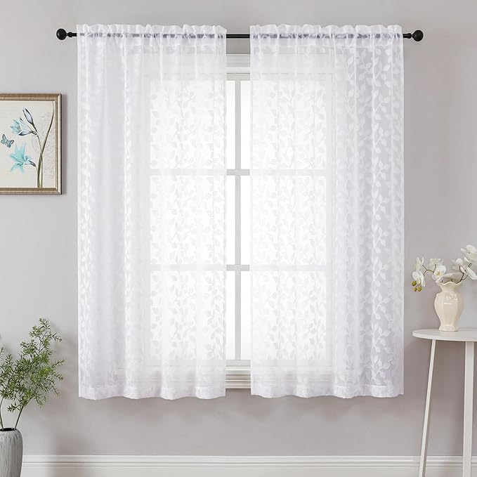 Chyhomenyc White Sheer Curtains 63 Inch Length 2 Panels Set, Light Filtering Tufted Textured Soft Airy Rod Pocket Beautiful Leaf Window Treatment Drapes for Bedroom Living Room, 42" Wx63 L, 2PCS