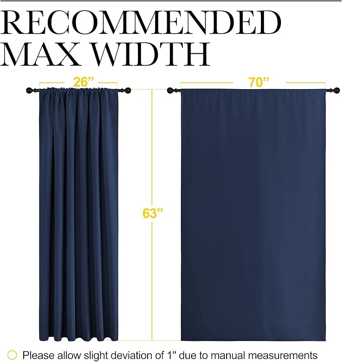 NICETOWN Blackout Curtains for Bedroom, Blackout Draperies, Home Decorations Thermal Insulated Solid Rod Pocket Blackout Drapes for Cafe (Navy, One Pair, 70 x 63-inch)