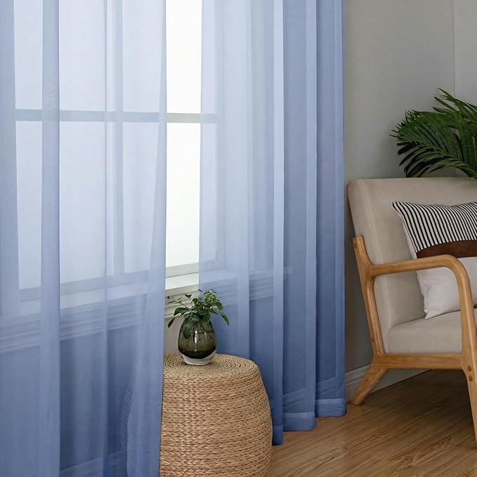 Lecloud Denim Blue Sheer Curtains 84 Inches Long 2 Panels, Light Filtering Bedroom Curtains with Rod Pocket, Airy Voile Farmhouse Window Drapes for Living Room Dining Room, Each Panel 42" W x 84" L