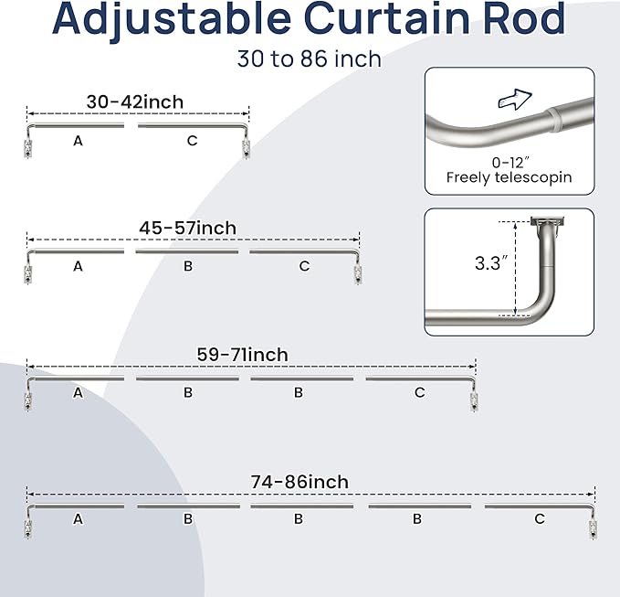 ENJOYBASICS Blackout Curtain rod for windows 48 to 84, Wrap Around Curtain Rods for Bedroom, Living Room, Adjustable from 30 to 86 Inches, Nickel