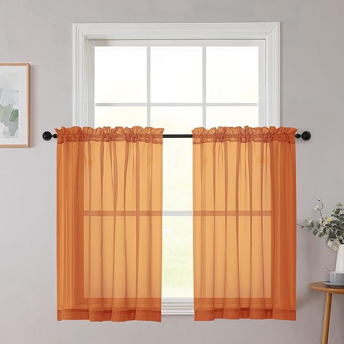 Cafe Curtains 36 Inch Length Tier 2 Pieces, Modern Soft Airy Sheer Kitchen Short Curtains for Small Window, Rod Pocket Small Curtain for Bathroom Basement, Orange, Each, 42" Wx36 L Inches