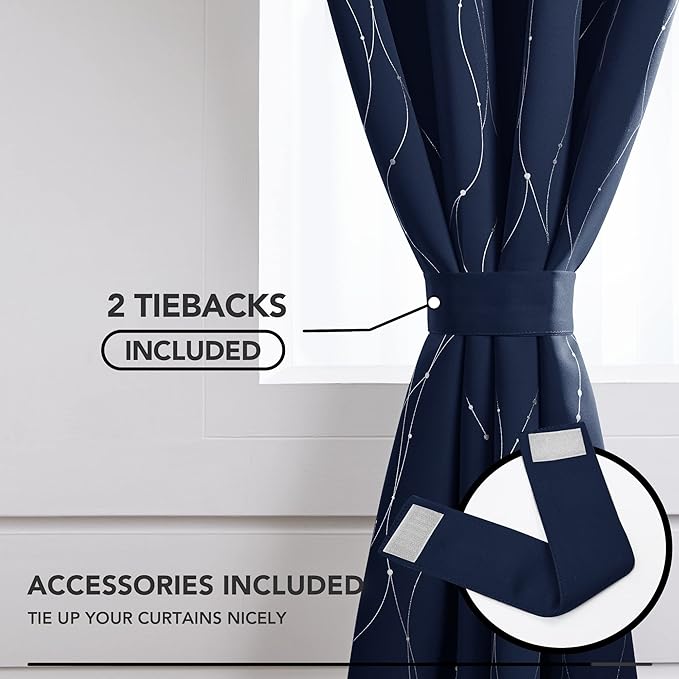 Deconovo Blackout Curtains 63 Inch Length for Living Room, Navy Blue Curtain, Thermal Insulated Soundproof Privacy Curtain with Silver Wave Dot Print, Machine Washable Window Panel for Bedroom Nursery