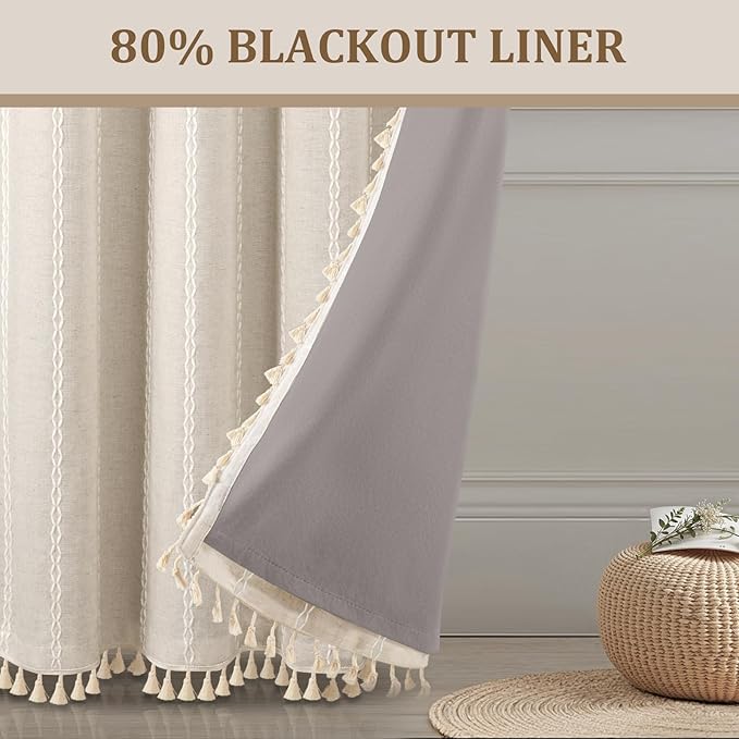 Boho 80% Blackout Curtains with Gray Liner 96 Inches Long 2 Panels Set, Beige Linen Blend Drapes with Tassels and Cotton Embroidered for Living Room Bedroom