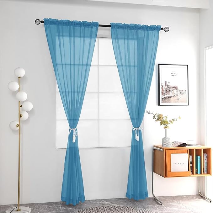 youleyar Solid Sheer Rod Pocket Curtain Voile Draperies 2 Panels White Beige Black Grey Ivory 52 Inch Width 90 Inch Long 1 Pair for Kitchen Bedroom Children Living Room Yard (Blue,52Wｘ90L)