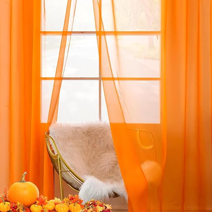 youleyar Solid Sheer Rod Pocket Curtain Voile Draperies 2 Panels White Beige Black Ivory Grey 26 Inch Width 24 Inch Long 1 Pair for Kitchen Bedroom Children Living Room Yard(Orange,26W x 24L)