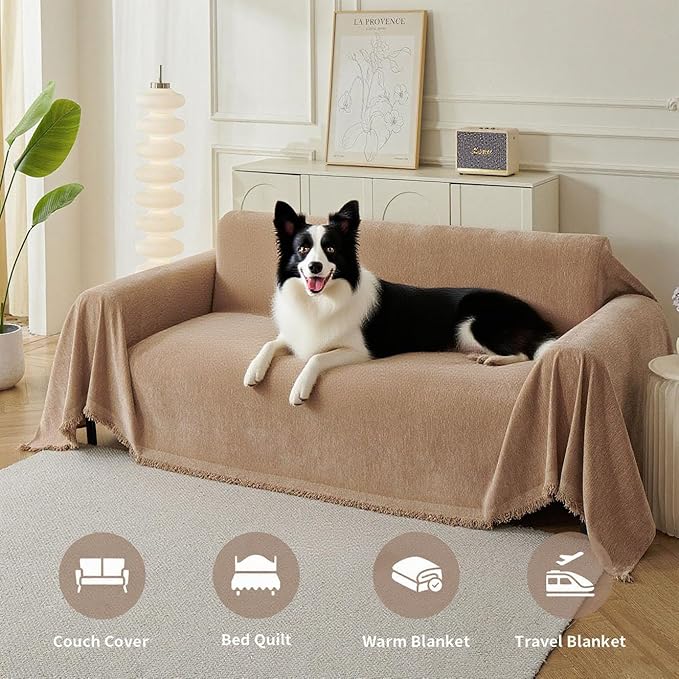 Couch Cover for Dogs, Boho Sofa Covers for 2 Cushion Couch, Chenille Sofa Slipcover for Pets Washable, L-Shape Sectional Couch Loveseat Cover Soft Throw Blankets with Tassels(71x102,Khaki)