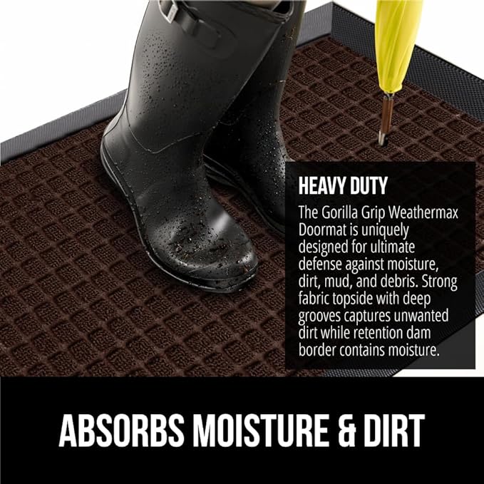 GORILLA GRIP 100% Waterproof All-Season WeatherMAX Doormat US Designed Natural Rubber, Stain and Fade Resistant, Low Profile Indoor Outdoor Door Mats, Easy Clean Patio Mat, 29x17, Coffee Square