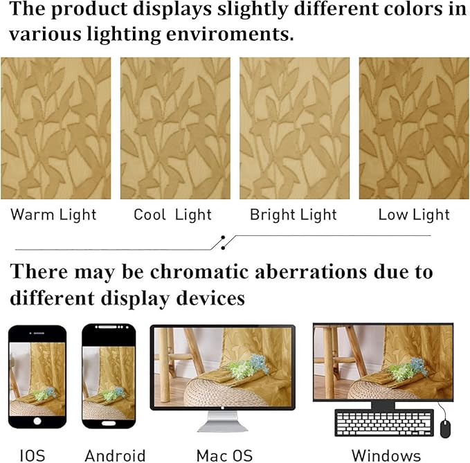 Lecloud Leia Dark Gold Sheer Curtains 54 Inch Length 2 Panels, Light Reducing Jacquard Textured Leaf Voile Bedroom Curtains, Gauzy Drapes with Dual Rod Pocket, 40 W x 54 L