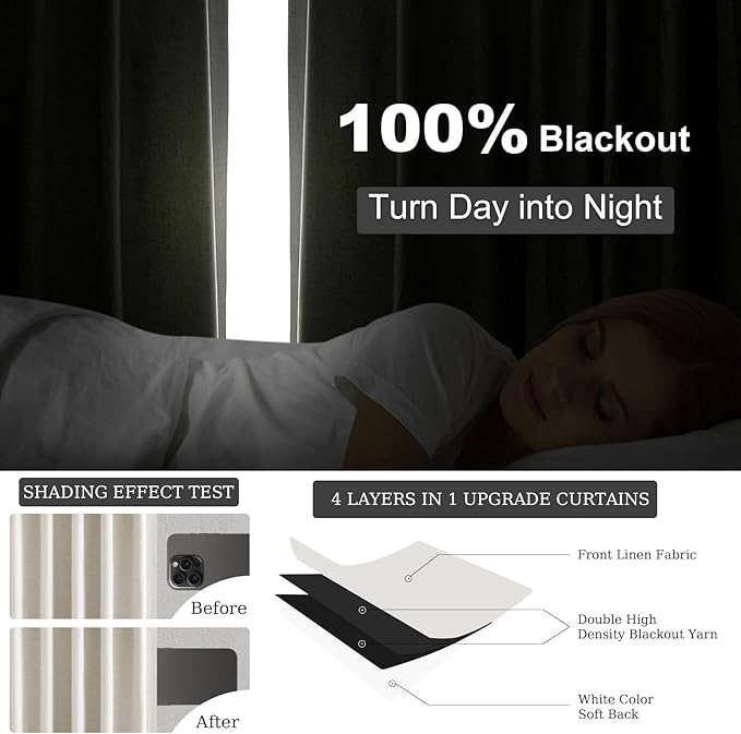 Topfinel Extra Wide 70 Inch Length Blackout Curtains 108 Inches Long 2 Panels Set for Sliding Glass Doors Modern Pleated Linen Blend Heavy Floor to Ceiling Large Window Drapes 70" W x 108" L