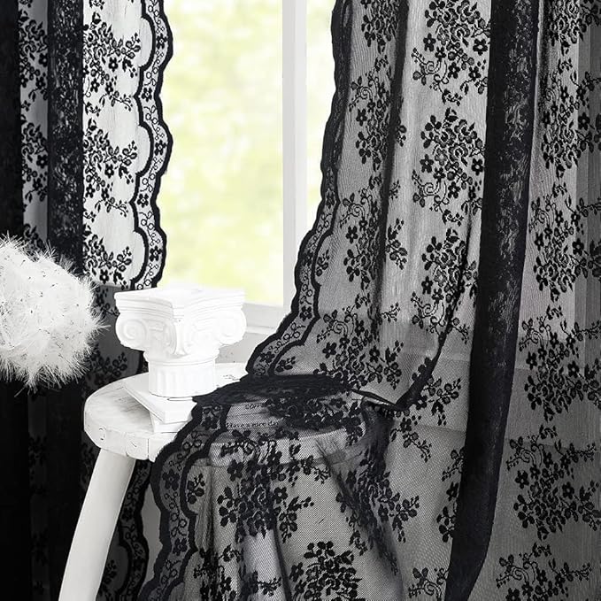 YJ YANJUN Vintage Lace Curtains 45 Inch Length-Victorian Dark Floral Pattern Black Sheer Curtain Panels for Kitchen Bedroom,Light Filtering, Gothic Witchy Halloween Short Drapes 2 Panels 52W x 45L