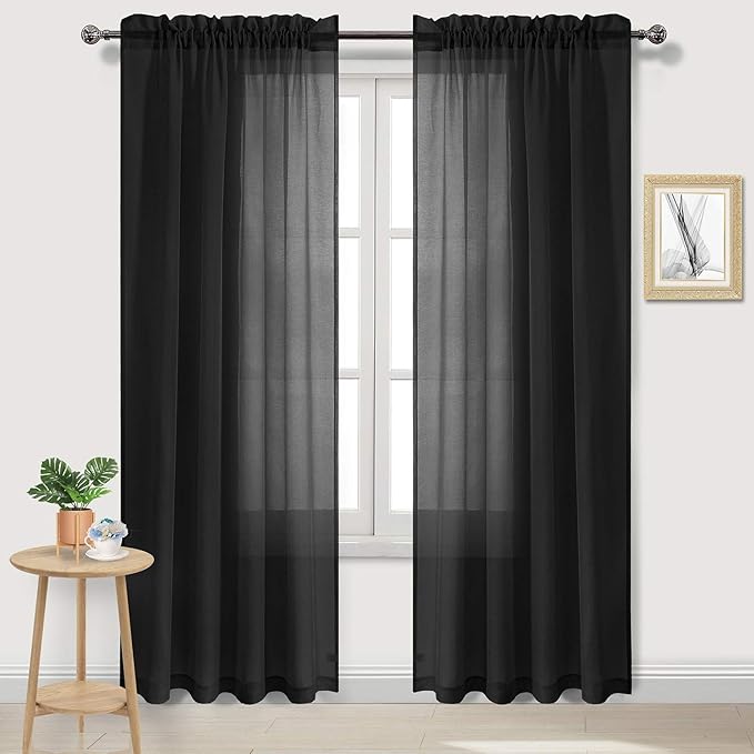 DWCN Black Sheer Curtains Semi Transparent Voile Rod Pocket Curtains for Bedroom and Living Room, 52 x 84 inches Long, Set of 2 Panels