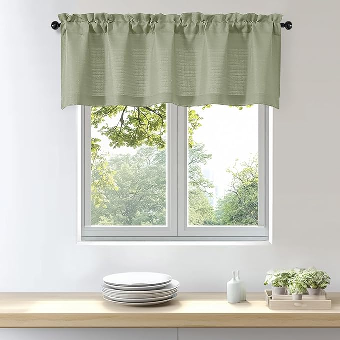 OWENIE Bob 1 PCS Green Valances for Windows, Faux Linen Textured Kitchen Window Curtains Valance for Bedroom Living Room, Modern Soft Airy Solid Rod Pocket Bathroom Cafe Curtain, 60Wx20L Inch