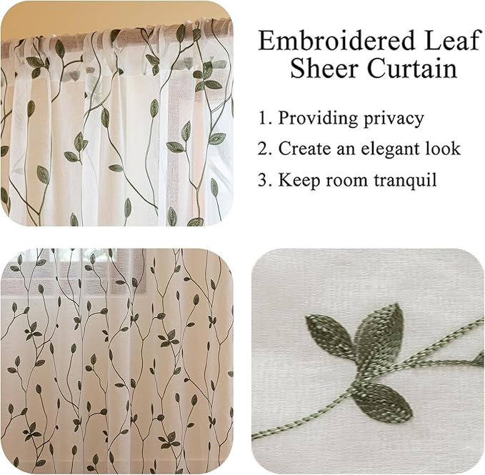 AmHoo 2 Panels Embroidered Leaf Pattern Semi Sheer Curtains Foliage Floral Voile Window Draperies Treatment for Bedroom Living Room Rod Pocket White Sage Green 53 x 63 Inch