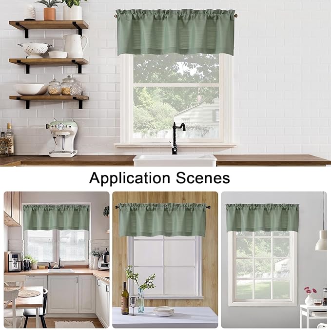 Chyhomenyc Sage Green Valance for Windows, Light Filtering Faux Linen Short Small Window Valance Curtain for Kitchen Bathroom Cafe Laundry Basement, 60Wx14L inch, 1 Piece