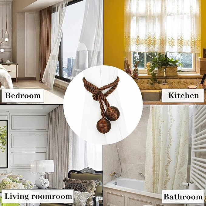 Curtain Tiebacks Outdoor Elegant Decorative Tie Backs Modern Rope Tiebacks for Drapes Window Curtain Holdbacks for Draperies (Coffee, 4)