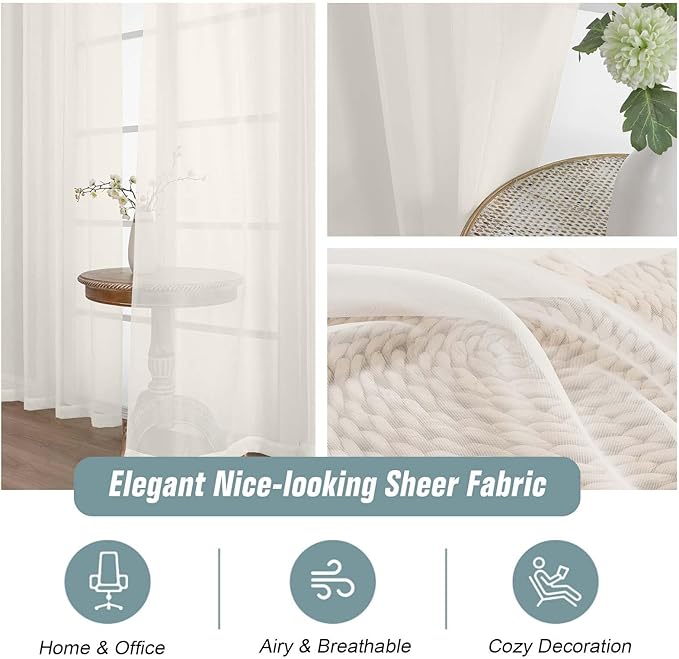 Ivory Sheer Curtains for Windows 108 inches Long 2 Panels Set, Soft Lightweight Light Filtering Drapes for Living Room Bedroom, Dual Rod Pocket Sheer Curtains, 2x42Wx108L inches