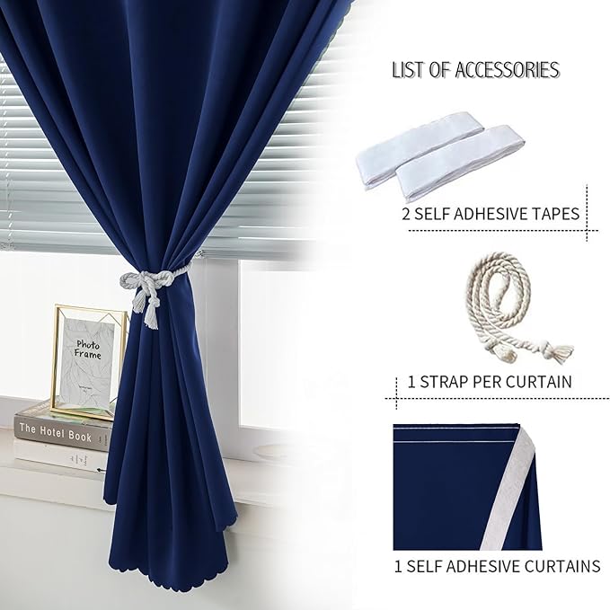 Self Adhesive Portable Blackout Curtains for Bedroom Easy to Install Window Thermal Lnsulated Kitchen Room Darkening Small Window Curtains, 47" W X 96" L, Navy Blue, 1 Panel