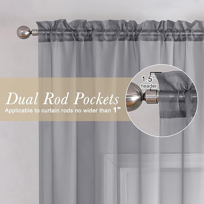 Lecloud Charcoal Grey Sheer Valances for Windows 18 Inch Length 2 Pcs, Cafe Kitchen Curtains for Bedroom Living Room, Short Curtains for Small Windows with Dual Rod Pocket Home Decor, 42" W x 18" L