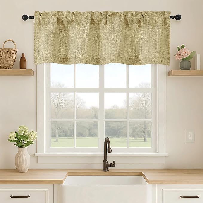 OVZME Valance for Windows, Light Filtering Faux Linen Textured Small Short Valance Kitchen Curtain, Dual Rod Pocket Top Short Window Curtain for Bathroom Basement Farmhouse, 52Wx16L Inch, Camel